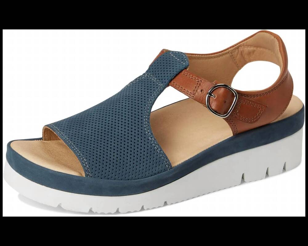 NEW SAMUEL HUBBARD women's portola t-strap shoes in blue nubuck / tan leather